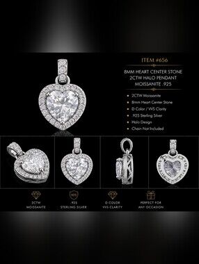 2CTW Heart Moissanite Halo Pendant 925 Sterling Silver Certified